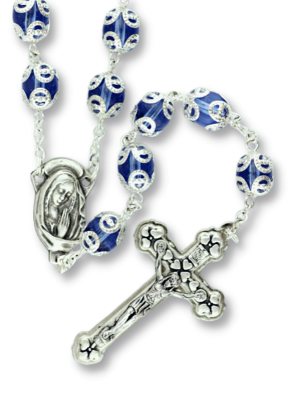  Double Capped Bead Rosary with 9mm Sapphire Blue (September) Glass Beads - 24"    (Minimum quantity purchase is 1)