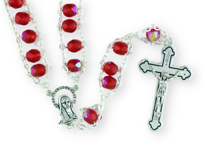  Stairway to Heaven Ladder Rosary with 8mm Red Crystal Beads - 17 1/2"   (Minimum qty. purchase is 1)  
