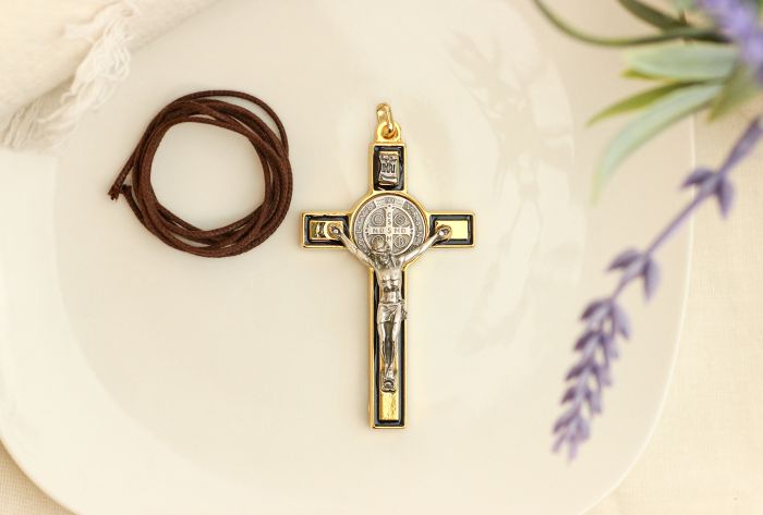 St. Benedict Crucifix - Gold w/Black Enamel Accents - 3"   