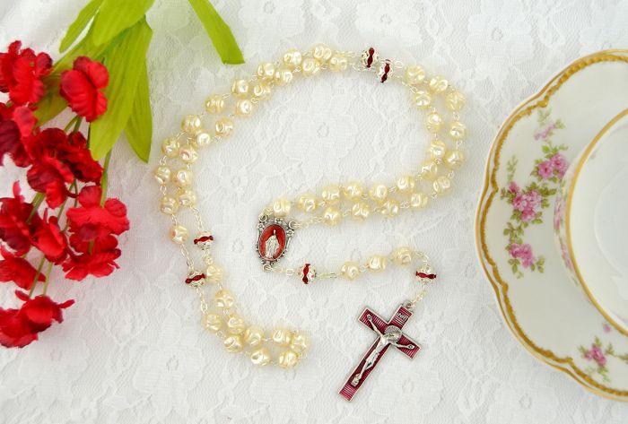 Ivory Rosary w/ Red Accented Our Father Beads - 20 1/4"    (Minimum quantity purchase is 1)