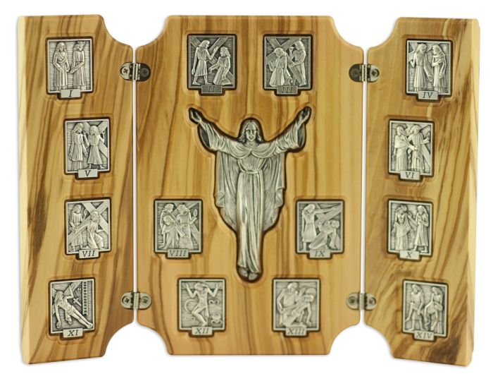 Stations of the Cross Tri-Fold Devotional Display (Silver Oxidized Plaques on Wood) – 6 1/2", Made in Italy  (Minimum quantity purchase is 1)    