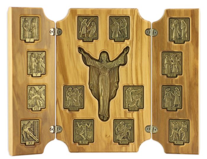 Stations of the Cross Tri-Fold Devotional Display (Bronze Plated Plaques on Wood) – 6 1/2", Made in Italy  (Minimum quantity purchase is 1)