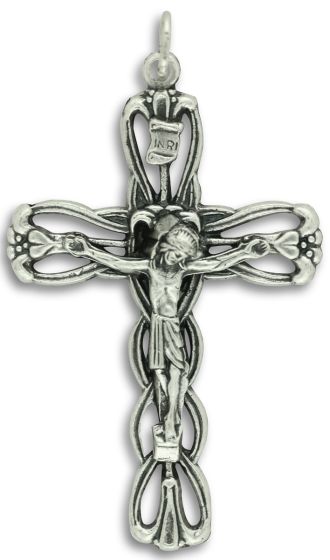 Ribbonwork Crucifix with Hearts – 2" Silver Oxidized Open Design, Made in Italy *  (Minimum quantity purchase is 2)