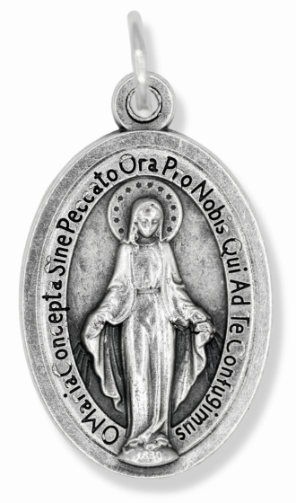 Miraculous Medal (Latin Traditional) – 1" Oval Silver Oxidized, Made in Italy *    (Minimum quantity purchase is 3)