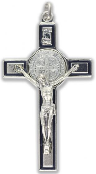 St. Benedict Straight Edge Black Border Crucifix - 3-1/8", Silver Ox  *  (Minimum quantity purchase is 1)