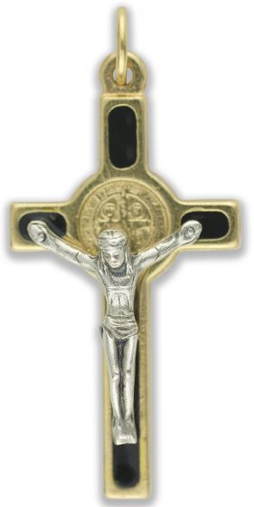St Benedict Gold Plated Crucifix with Black Enamel 1.6 in. (Minimum quantity purchase is 1)