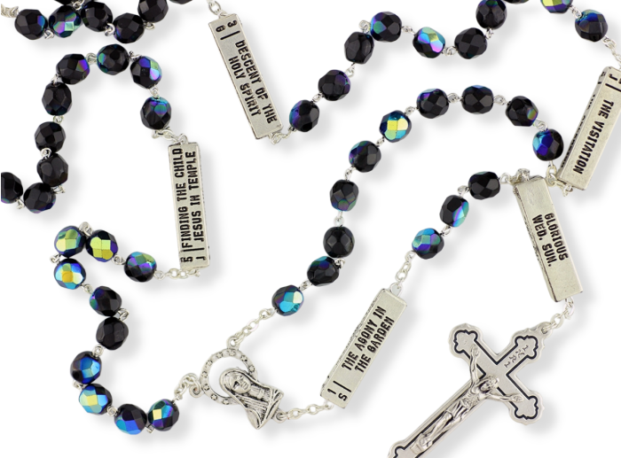 The Mysteries Rosary with Black Crystal 8 mm Beads - 22" * (Minimum qty. purchase is 1)    
