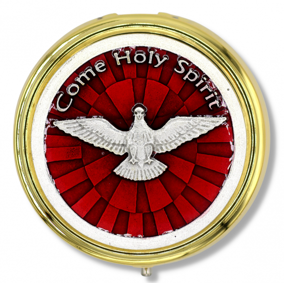 "Come Holy Spirit" Pyx/ Rosary Case with Red Accents, Two Tone Finish - 2 1/4"    