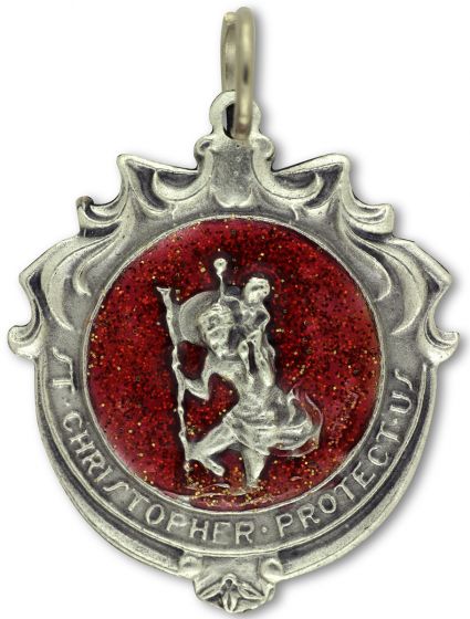  Ornate St. Christopher Medal w/Red Enamel - I Am A Catholic- Great for Travelers!   (Minimum quantity purchase is 1)