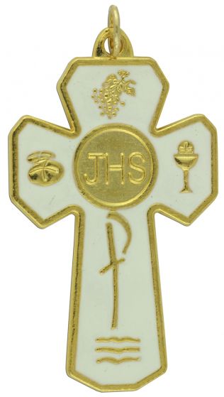  Large 5 Way JHS Communion Rosary Crucifix with White Enamel -1 7/8"   (Minimum quantity purchase is 1)