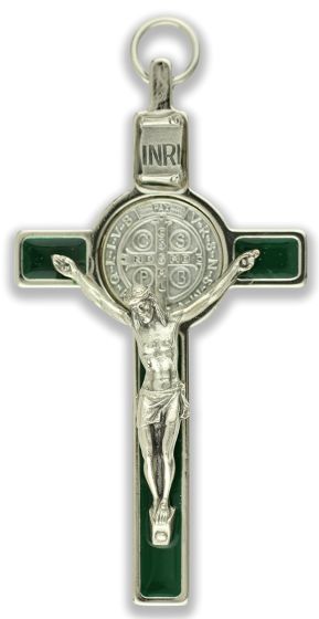 St. Benedict Straight Edge Crucifix,  - 3 1/8", .48 CM Thick - Green  