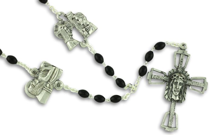 Stations of the Cross Chaplet – 26" Black Wood Beads & Silver Oxidized Medals, Made in Italy   (Minimum quantity purchase is 1)