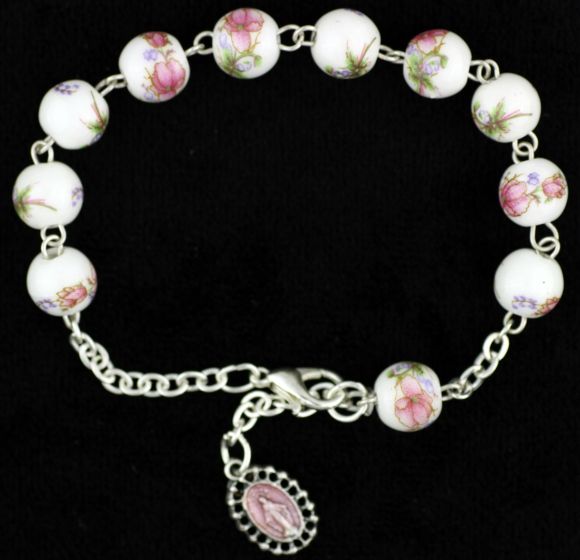   Light Pink and White Ceramic Bead, Linked Rosary Bracelet - 8" (Minimum quantity purchase is 1)  