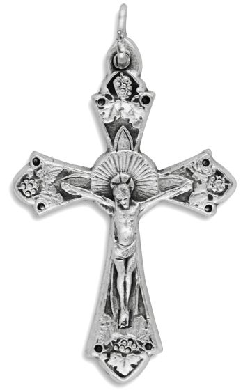 Small Grape and Vine Sunburst Crucifix -7/8" Silver Oxidized, Made in Italy *  (Minimum quantity purchase is 2)