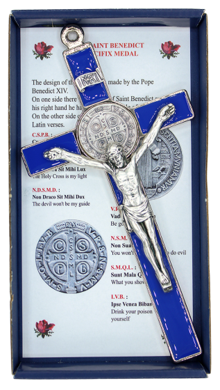 St Benedict Metal Wall Crucifix – 8" Blue Enamel & Silver Oxidized, Made in Italy *