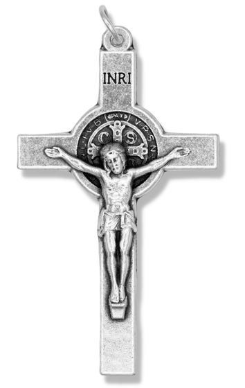 St Benedict Rosary Crucifix (Straight Edge) – 2 1/8" Large Silver Oxidized, Made in Italy  (Minimum quantity purchase is 1)