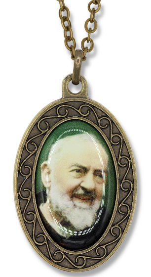  St Pio / Pray for Us Necklace with Full Color Medal - Bronze Finish - 13" - Closeout Sale * (Minimum quantity purchase is 1)