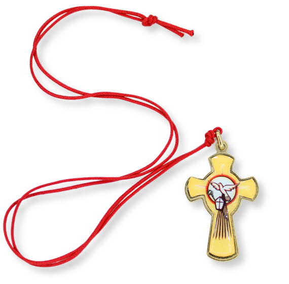 Holy Spirit Confirmation Cross Pendant – 2" Gold Tone with Red Cord, Made in Italy *
