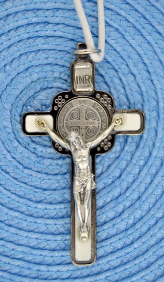   St Benedict Crucifix Pendant White Enamel Posts,  - 3"   