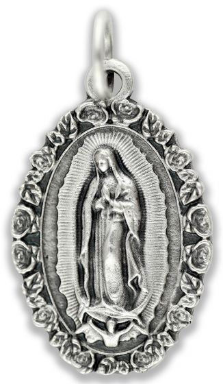 Our Lady of Guadalupe Medal with Rose Border (Spanish) - 1" Silver Oxidized, Made in Italy  (Minimum quantity purchase is 2)
