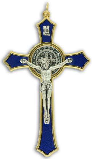 St Benedict Crucifix with Blue Enamel - 3 1/8" Two Tone, Made in Italy *  (Minimum quantity purchase is 1)