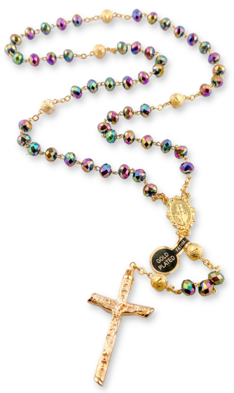 Faceted Iridescent Glass 8mm Bead Rosary with Gold Tone Miraculous Medal Center – 18"  (Minimum purchase quantity is 1)