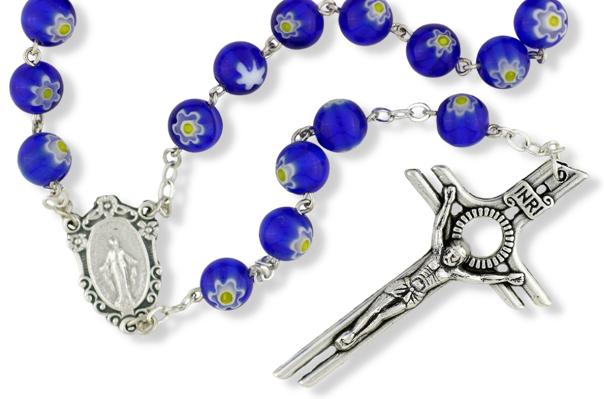 Buy Rosary with Blue Glow in the Dark Murano Glass Beads, 8mm - 21