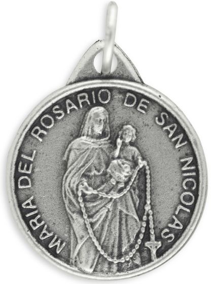Our Lady of the Rosary of San Nicolás Medal – 7/8" Round Silver Oxidized, Made in Italy  (Minimum quantity purchase is 2)