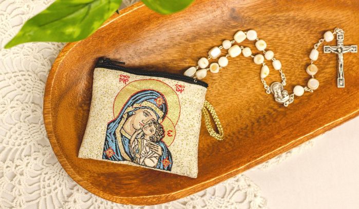  Madonna and Child Full Color Rosary Pouch with Gold Accents - 2 1/2 x 3"  (Minimum quantity purchase is 1)