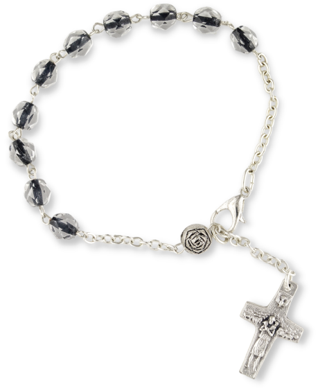 Decade Rosary Bracelet with Pope Francis Cross and Black Glass Beads - 8.5" *  (Minimum quantity purchase is 1)