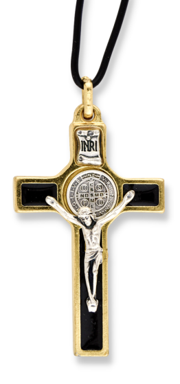 St Benedict Crucifix Pendant with Black Enamel and Gold Accents on Black Cord - 2" *  (Minimum quantity purchase is 1)   