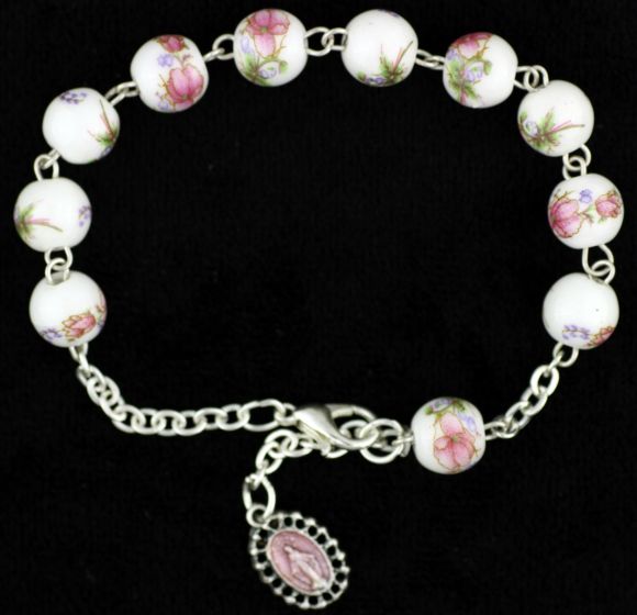   Light Pink and White Ceramic Bead, Linked Rosary Bracelet - 8"  