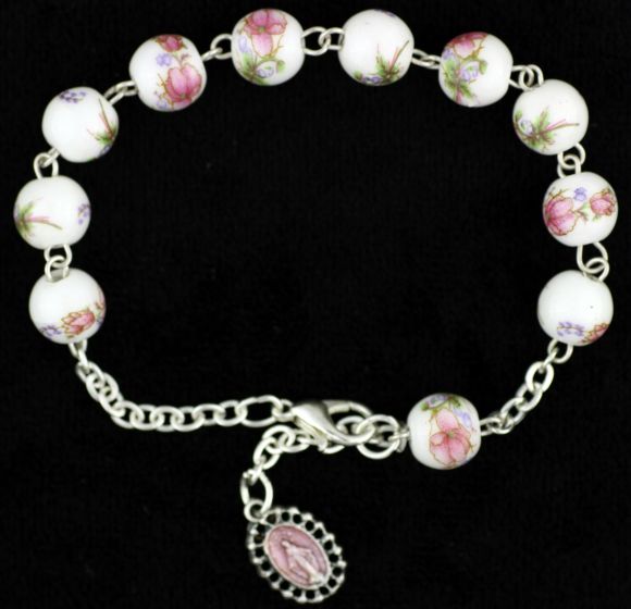   Light Pink and White Ceramic Bead, Linked Rosary Bracelet - 8" (Minimum quantity purchase is 1)  