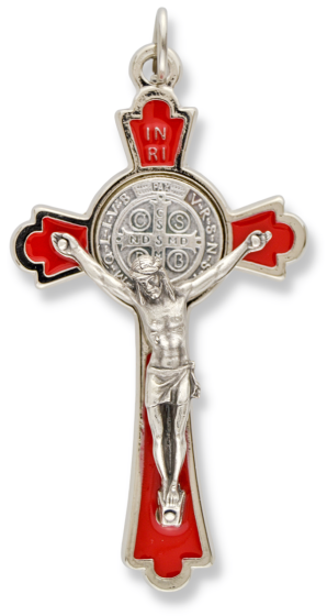 St. Benedict Flared Edge Crucifix, 3-1/8" (0.48 cm Thick) - Red Enamel    (Minimum quantity purchase is 1)    