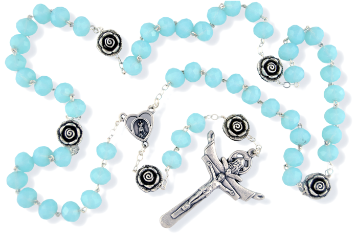 Our Lady of Fatima Rosary with 10 x 8mm Frosty Blue Rondelle Beads and Holy Trinity Crucifix - 21"   (Minimum quantity purchase is 1)