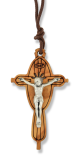 Olive Wood Crucifix Pendant on Brown Cord - 2