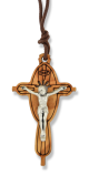   Small Olive Wood Crucifix Pendant on Brown Cord - 1