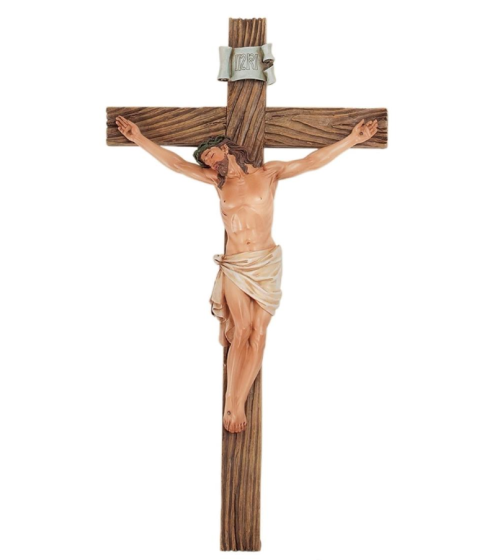 Traditional Catholic Wall Crucifix – 13.25" Wood Grain Resin, Joseph’s Studio