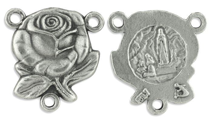 Our Lady of Lourdes Rose Rosary Center with St Bernadette - 5/8" Silver Oxidized, Made in Italy  (Minimum quantity purchase is 3)
