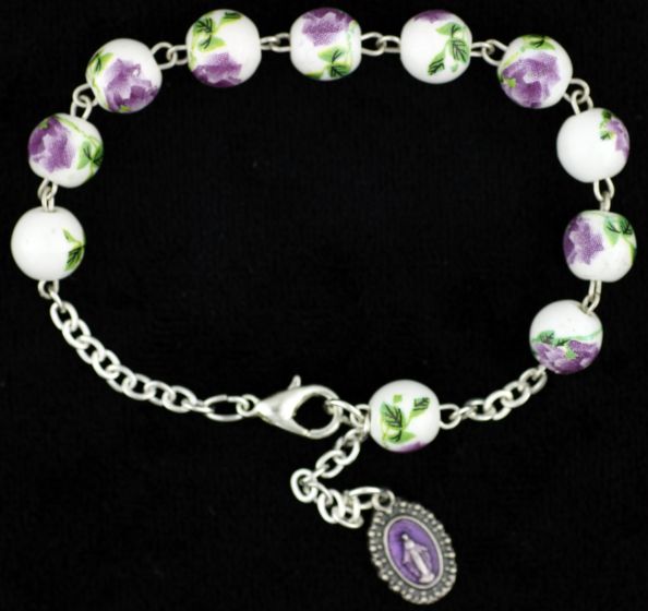 Purple and White Ceramic Bead, Linked Rosary Bracelet - 8"