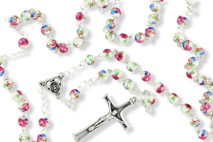 Pink and White 6mm Ceramic Bead Rosary with Our Lady of Fatima Center and Crucifix - 19 1/2" 