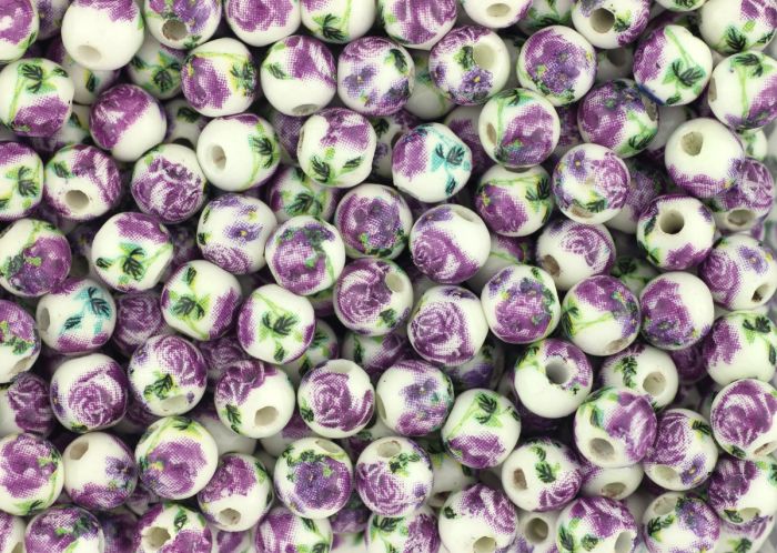 Purple Flowered Ceramic Beads - 6 mm, pkg 60    