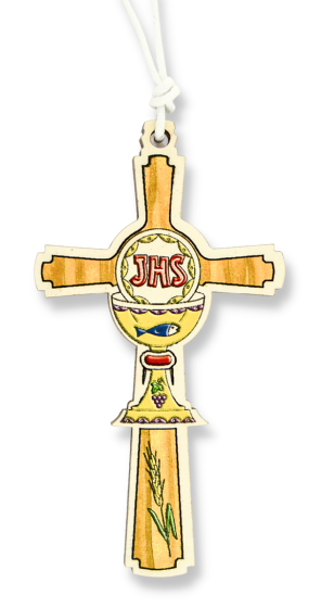 First Holy Communion Cross Pendant with White Cord - 3.25" Made in Italy  - Closeout Sale *   (Minimum quantity purchase is 5)