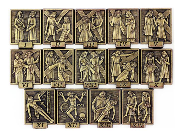 Stations of the Cross Rectangular Plaque Set for Custom Displays – 14 Plaques, 1" Bronze Plated, Made in Italy *  (Minimum quantity purchase is 1)