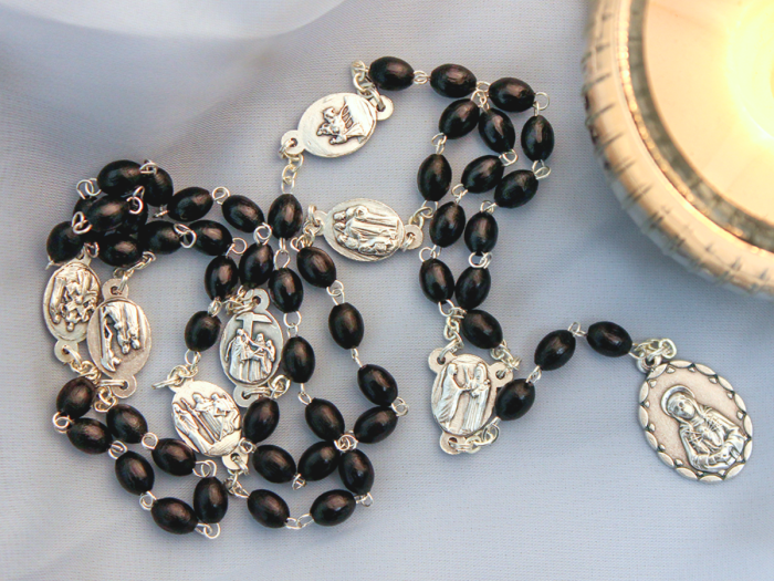 Seven Sorrows of Mary Rosary, Black Wood Beads with Instruction Card  (Minimum quantity purchase is 1)  