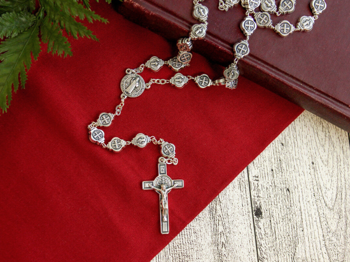 St Benedict Metal Rosary (9mm St Benedict Medal Beads) – Silver Oxidized, Made in Italy * (Minimum quantity purchase is 1)  