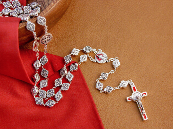 St Benedict Metal Rosary (9mm St Benedict Medal Beads & Red Enamel Accents) – Silver Oxidized, Made in Italy *  (Minimum quantity purchase is 1)