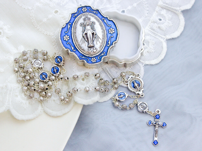 Miraculous Medal Metal Rosary (4mm Rosebud Beads & Blue Enamel Accents) with Keepsake Case – Made in Italy  (Minimum quantity purchase is 1)