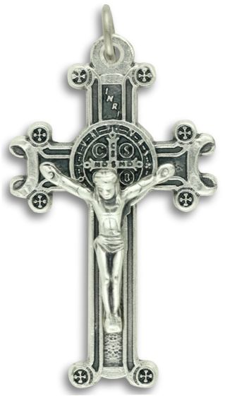 St Benedict Rosary Crucifix (Scroll Design) – 1 5/8" Silver Oxidized, Made in Italy * (Minimum quantity purchase is 2)