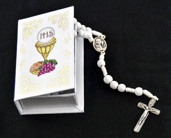 First Communion Rosary Necklace with White Wood Beads on White Cord, Boxed - 16.5